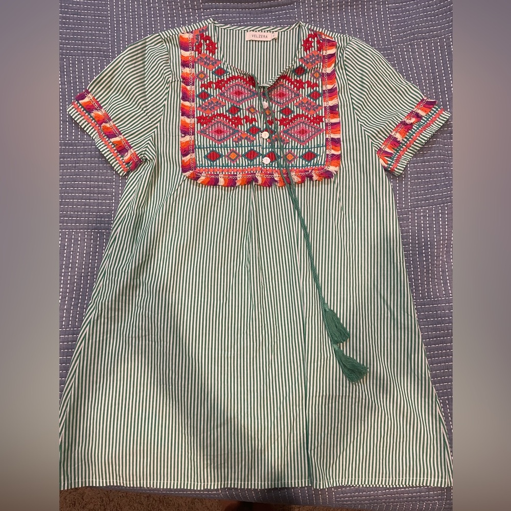 Boutique Striped Dress with Colorful Embroidery size Small